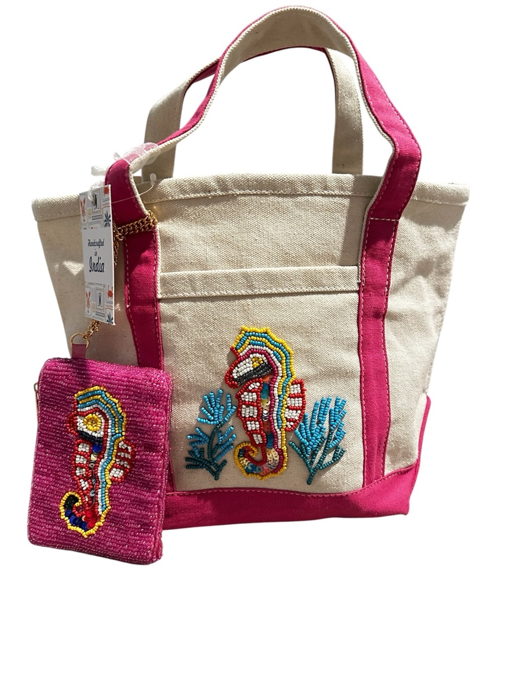 Cream Canvas Tote with Pink Trim and Beaded Seahorse with matching coin pouch